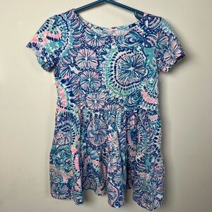 Lilly Pulitzer Girls Mini Geanna Blue and Pink Short Sleeve Floral Dress 4-5